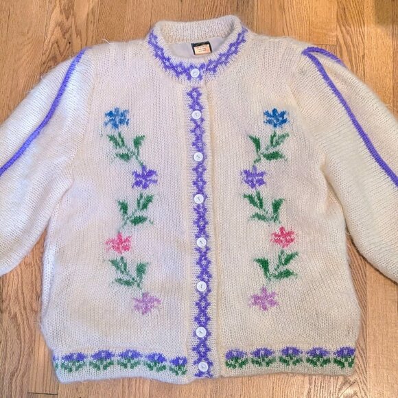 Vintage Mohair Jacket Wool Knit Irish Cottagecore Dopamine Dressing Boho Floral - Picture 7 of 11
